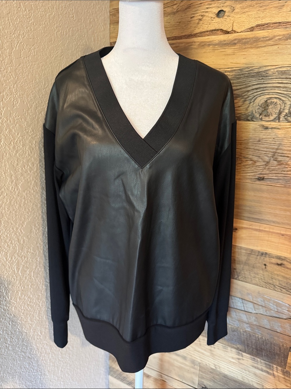 EUC Black Faux-Leather V-Neck Women's Top.